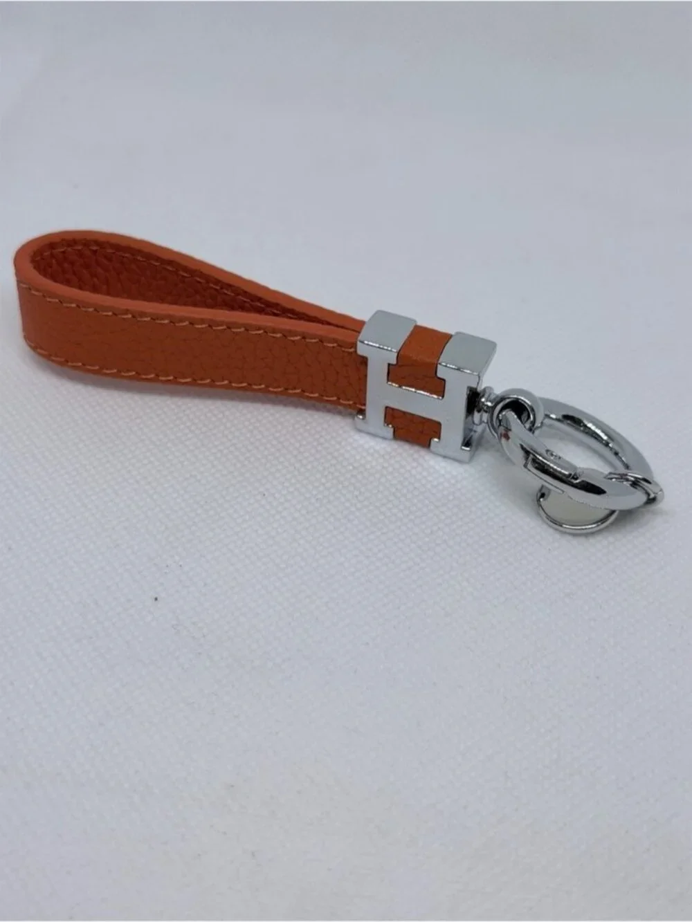 Orange Leather H Design Key Fob Bag Charm Silver Hardware 0896